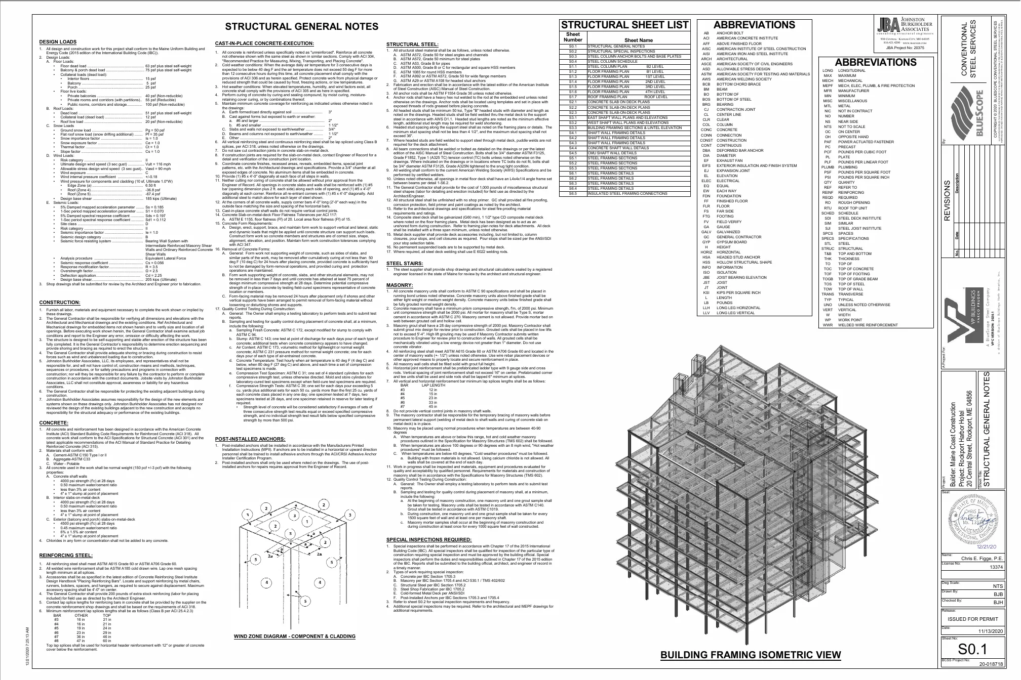 Rockport Harbor Hotel bid set, sheet S0.1: structural general notes and building framing isometric